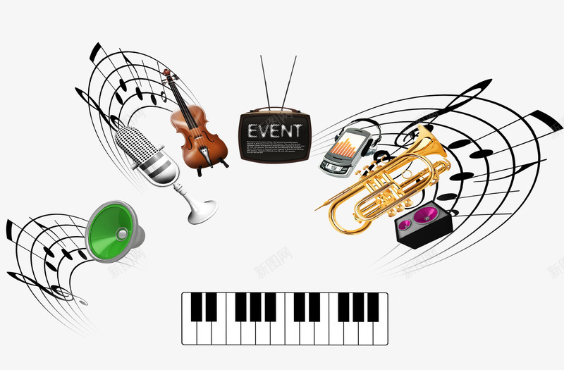 音乐教室png免抠素材_新图网 https://ixintu.com 乐器 大提琴 电子琴 键盘 音乐教室 音符