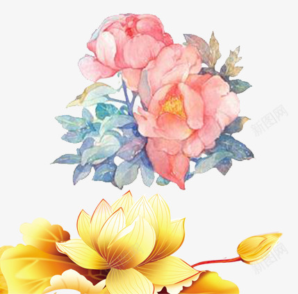 水彩粉色花朵psd免抠素材_新图网 https://ixintu.com 水彩花朵 荷花 莲花 金色花朵 金莲