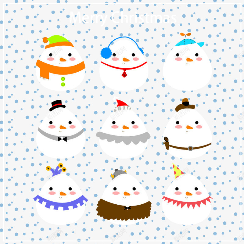 九只胖雪人矢量图ai免抠素材_新图网 https://ixintu.com 可爱的雪人 圣诞素材 胖胖的雪人 蓝色波点背景 矢量图