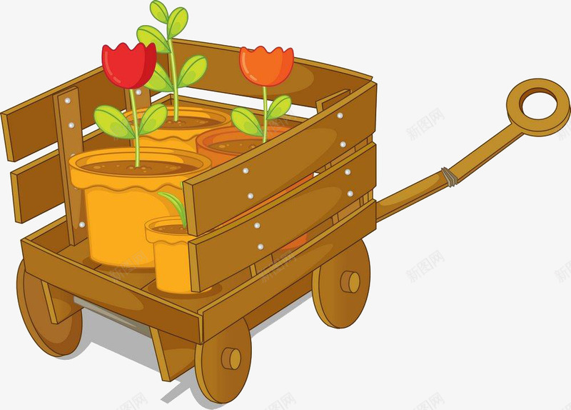 卡通手绘手推车png免抠素材_新图网 https://ixintu.com 卡通手绘手推车 手推车 盆栽 花朵 花盆