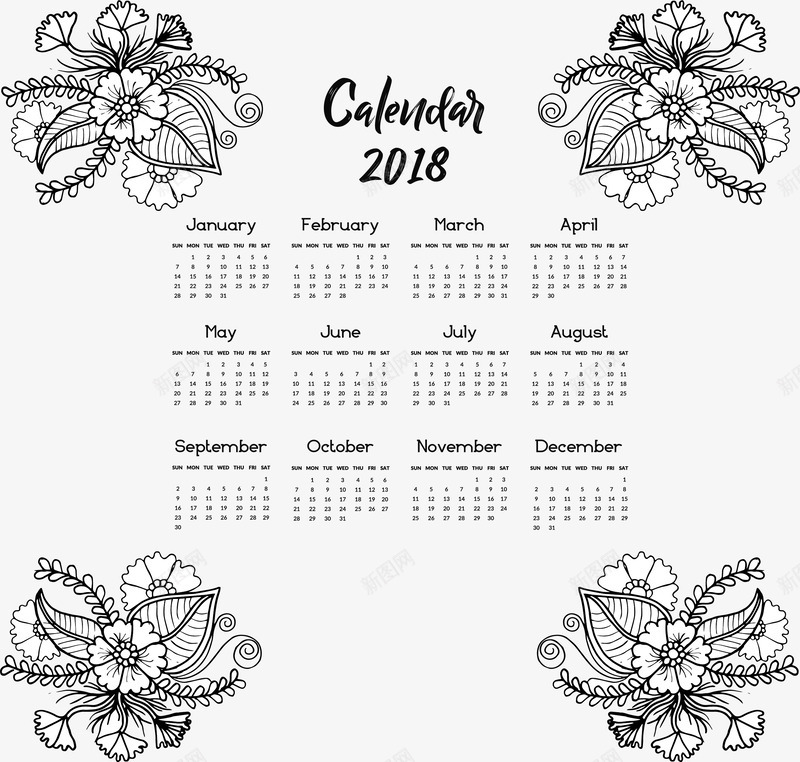 花丛装饰日历模板png免抠素材_新图网 https://ixintu.com 2018年挂历 2018日历 挂历 挂历模板 日历 日历模板 矢量png 花丛装饰日历