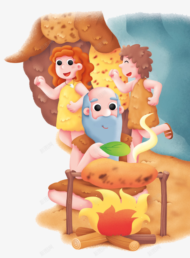 原始爷爷烤肉psd免抠素材_新图网 https://ixintu.com 创意设计 卡通卡片 手绘插画 秋日小镇
