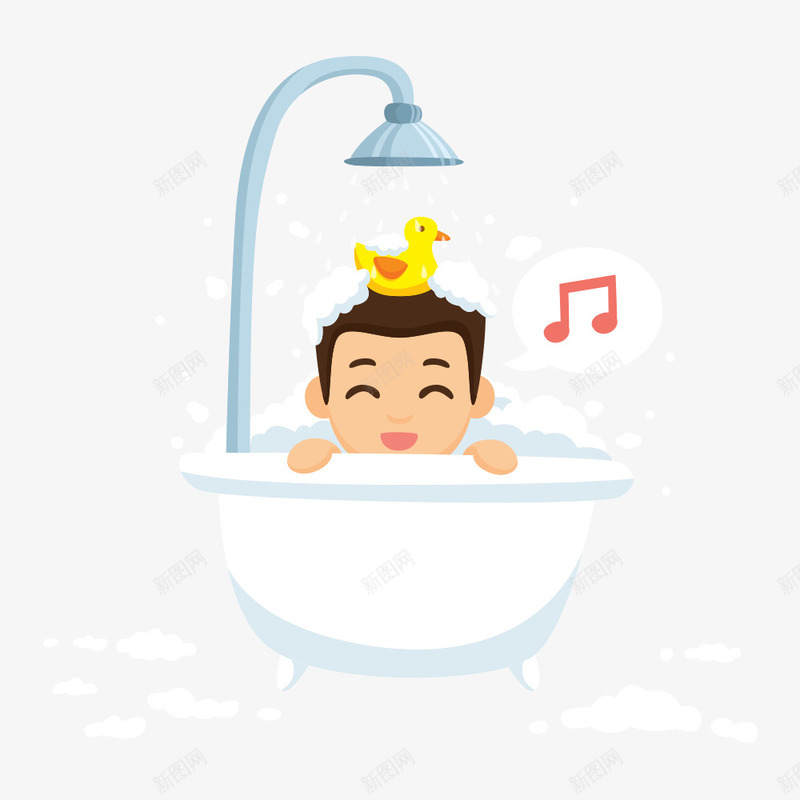 洗澡的男孩哼唱歌曲插画png免抠素材_新图网 https://ixintu.com 哼唱 唱歌 孩子唱歌 小黄鸭 微笑 插画 泡澡 洗澡 男孩 笑脸 音符