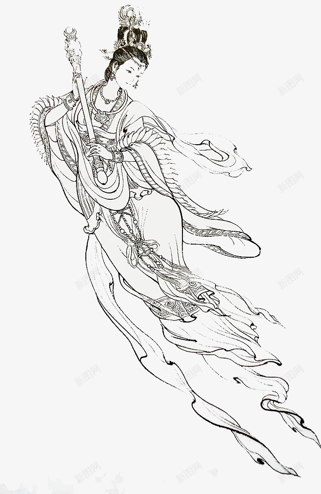 中国风工笔嫦娥线描图png免抠素材_新图网 https://ixintu.com 中国风 仙子 传说人物 如意 嫦娥 嫦娥后羿 广寒宫 神话 霓裳