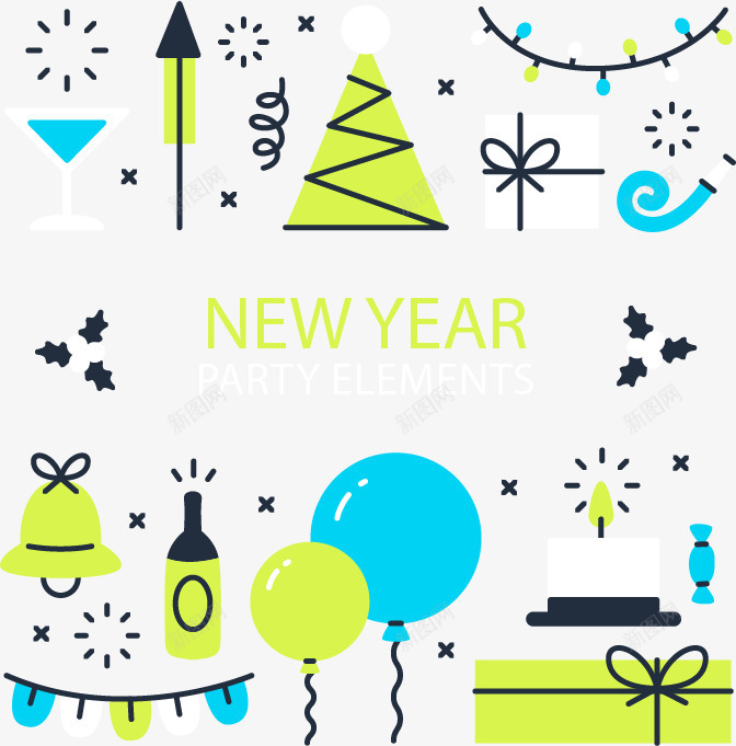 蓝绿色新年派对元素png免抠素材_新图网 https://ixintu.com 彩灯 新年派对 气球 派对元素 礼盒 蛋糕 酒杯