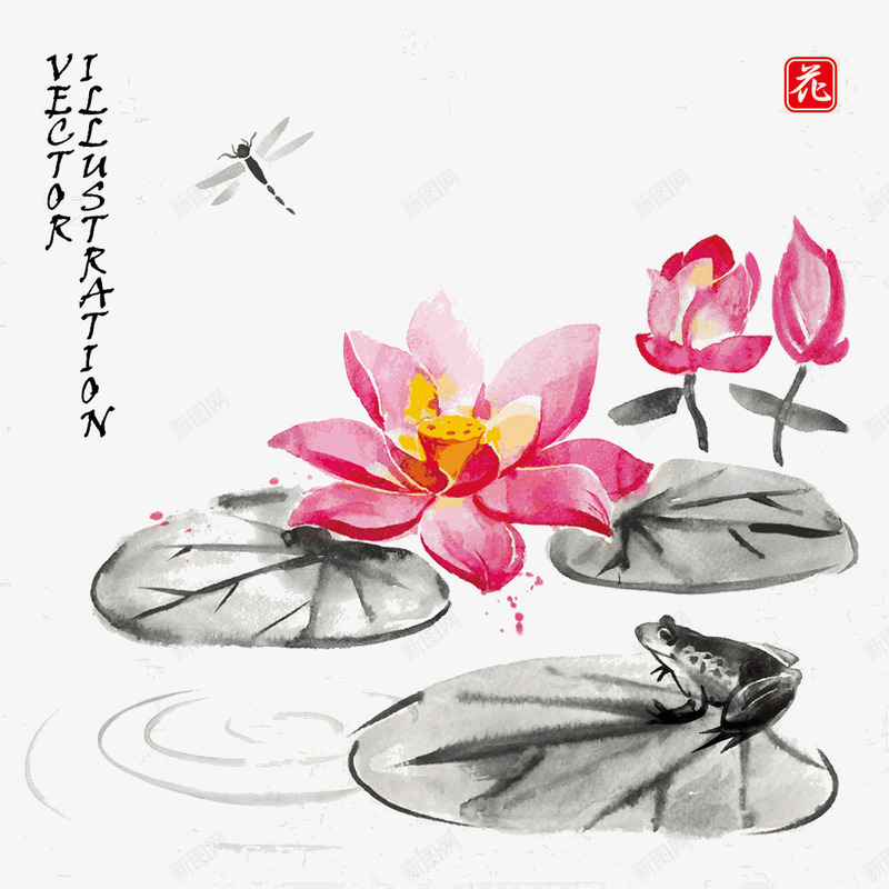 莲花水墨画png免抠素材_新图网 https://ixintu.com 水墨画 莲花 莲花湖泊背景图片 蜻蜓 青蛙