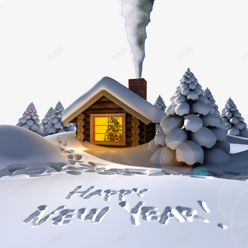 冬季小木屋png免抠素材_新图网 https://ixintu.com 新年快乐 木屋 烟囱 白色树 雪