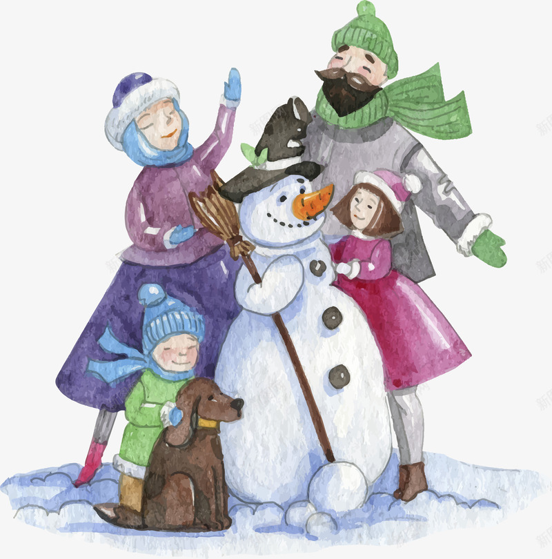 水彩雪人和一家四口png免抠素材_新图网 https://ixintu.com 一家四口 彩色 水彩 水彩雪人 狗 雪人 雪地