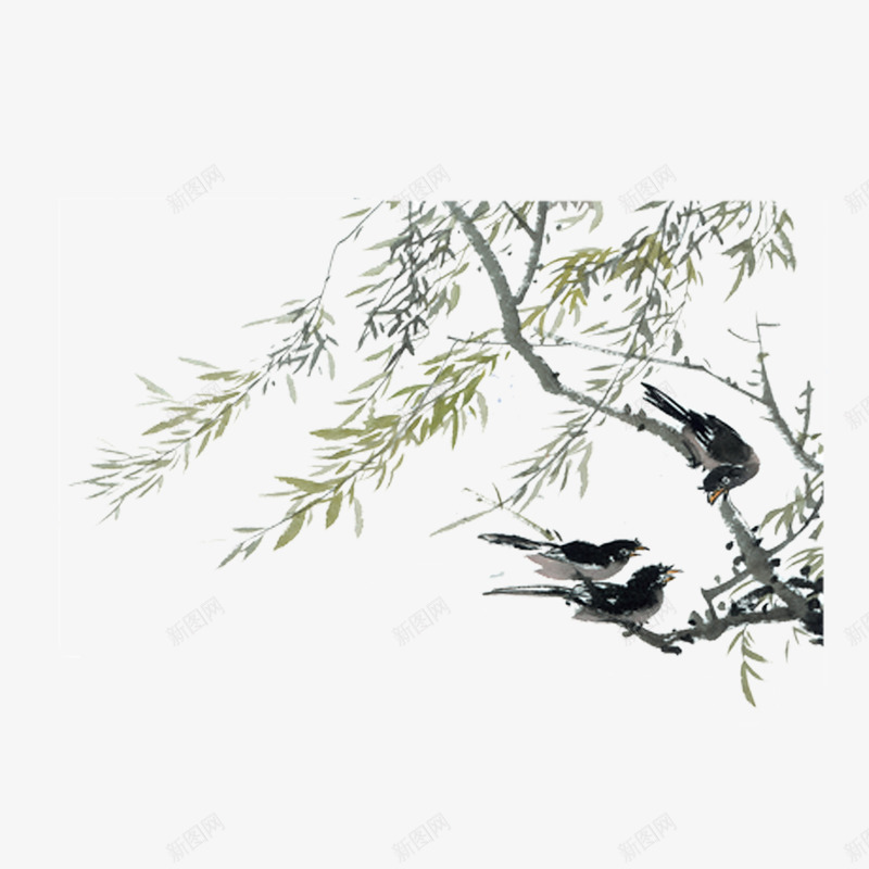 水墨画png免抠素材_新图网 https://ixintu.com 中国风 国画古树 国画燕子 柳树 水墨画 燕子
