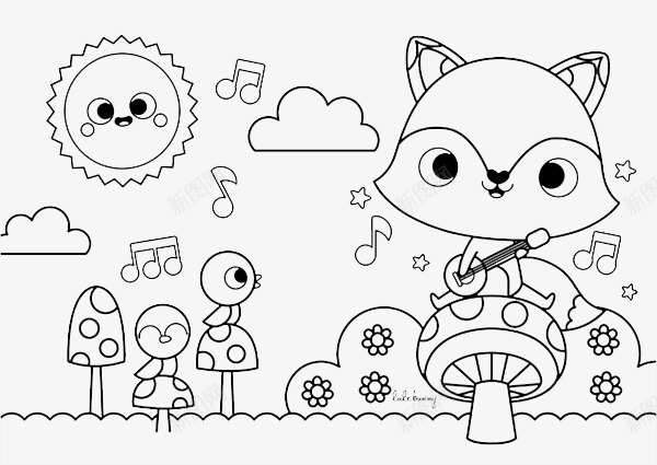 线稿弹吉他的狐狸png免抠素材_新图网 https://ixintu.com 创意插画设计 卡通贺卡封面 手绘插画