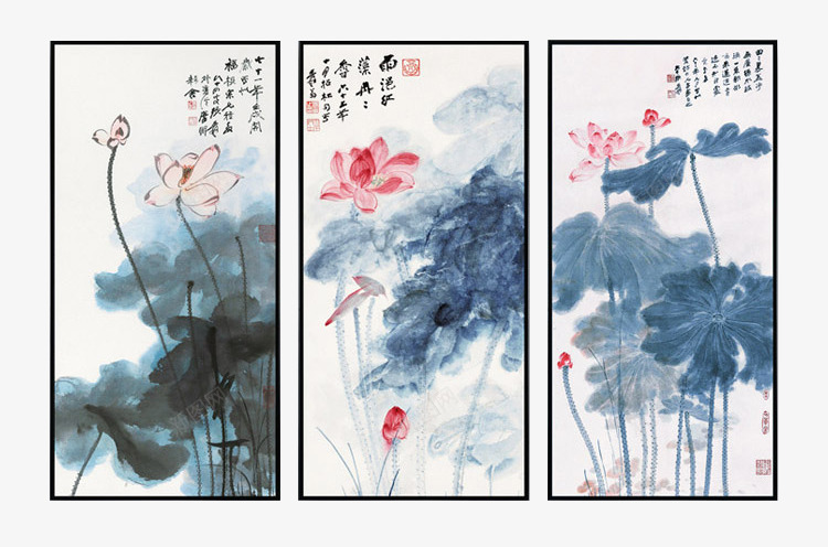 彩色荷花挂画png免抠素材_新图网 https://ixintu.com 彩色水墨画 水墨横幅