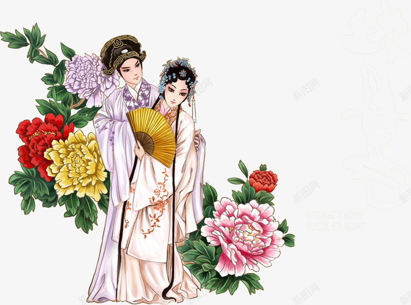 牡丹花丛中的京剧人物毛笔字png免抠素材_新图网 https://ixintu.com 丛中 京剧 人物 毛笔字 牡丹花