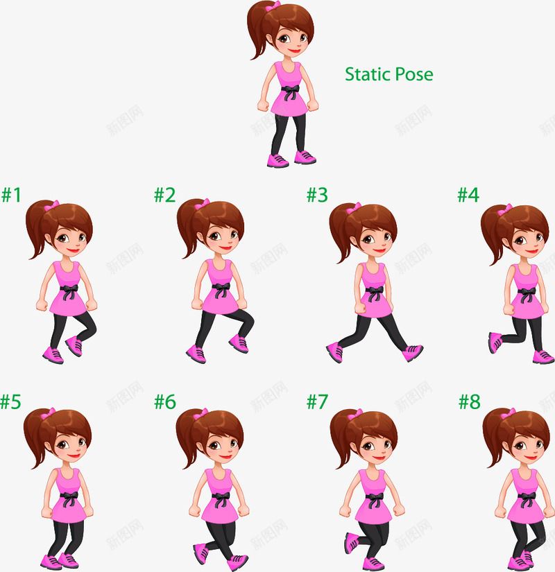 粉色衣服女孩动态分解图矢量图eps免抠素材_新图网 https://ixintu.com 动作分解 动态分解图 可爱女孩 矢量素材 粉色 矢量图