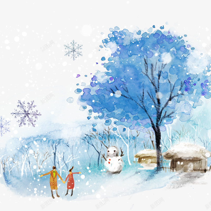 水彩画png免抠素材_新图网 https://ixintu.com 冬季 堆雪人 手绘 水彩画