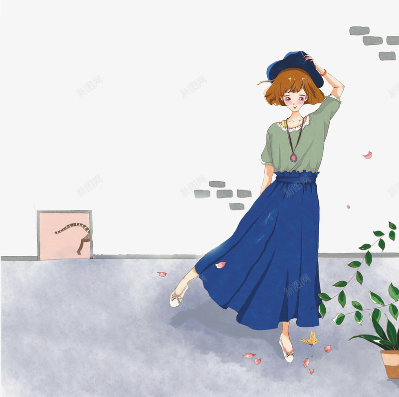 戴帽子的女孩png免抠素材_新图网 https://ixintu.com 唯美 女孩 帽子 插画 背景 长裙