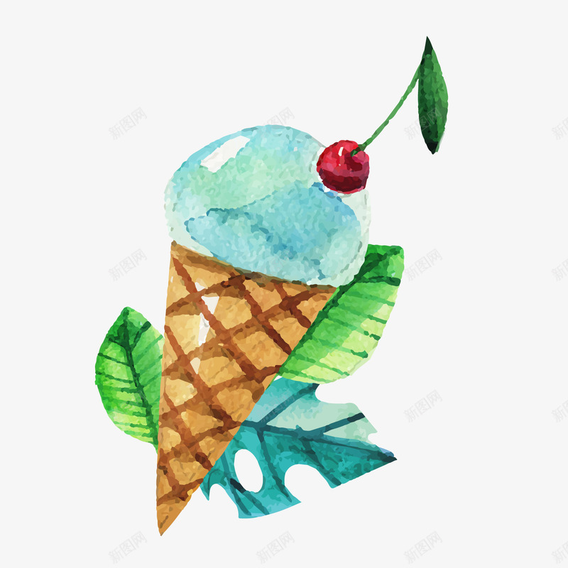 夏季雪糕背景装饰png免抠素材_新图网 https://ixintu.com 卡通植物 卡通甜筒 夏季雪糕 绿色叶子 背景装饰 雪糕