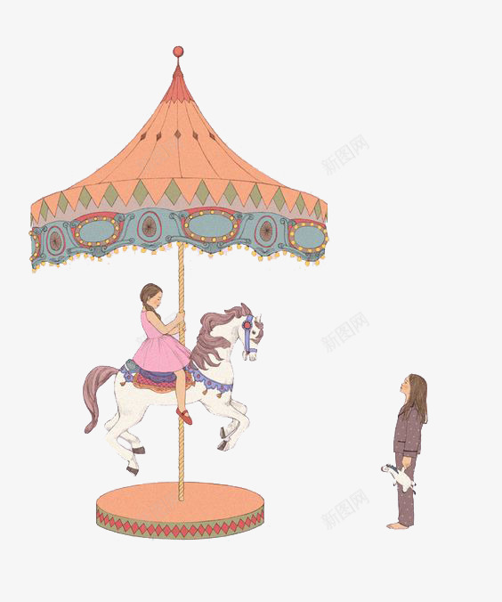 卡通旋转木马png免抠素材_新图网 https://ixintu.com 儿童 旋转木马 游乐园 白马