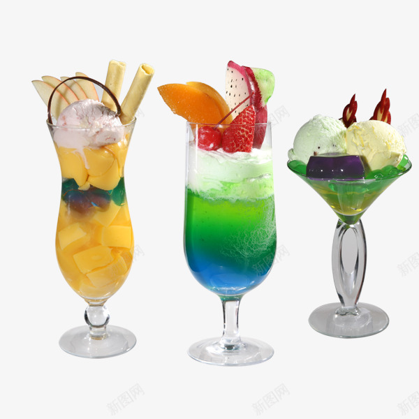 三杯冰淇淋饮料png免抠素材_新图网 https://ixintu.com 产品实物 奶油 汽水 玻璃杯 芒果 雪糕