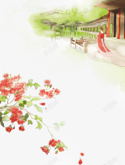 唯美中国古风插画png免抠素材_新图网 https://ixintu.com 中国风 古代风 古城群插画 古风海报 唯美古风 山清水秀 彩色水墨画 插画 水彩画 落花流水 诗情画意 风景