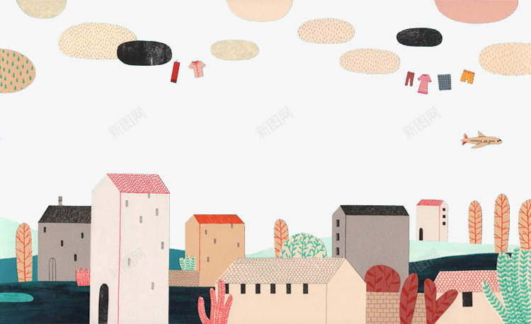 贴纸秋日的小镇png免抠素材_新图网 https://ixintu.com 创意设计 卡通卡片 手绘插画 秋日小镇