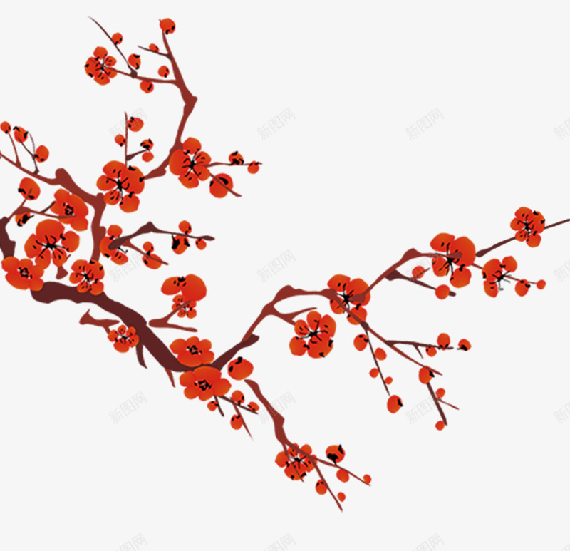 复古水墨傲骨梅花背景装饰图案png免抠素材_新图网 https://ixintu.com 中国风 喜庆 年味 树枝 树枝横 梅花 红色 节日装饰 花瓣