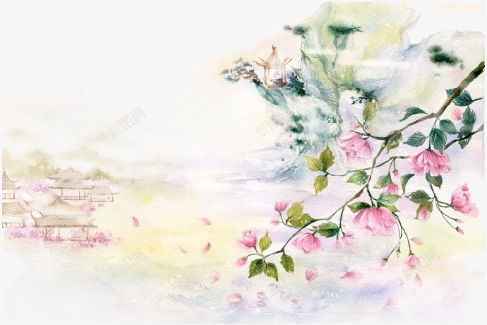 唯美中国古风水彩插画png免抠素材_新图网 https://ixintu.com 中国风 古代风 古风水彩 古风海报素材 古风物件 古风花卉 山清水秀 彩色水墨画 文人墨客 水彩画 花卉 花鸟鱼虫 落花流水 诗情画意 风景
