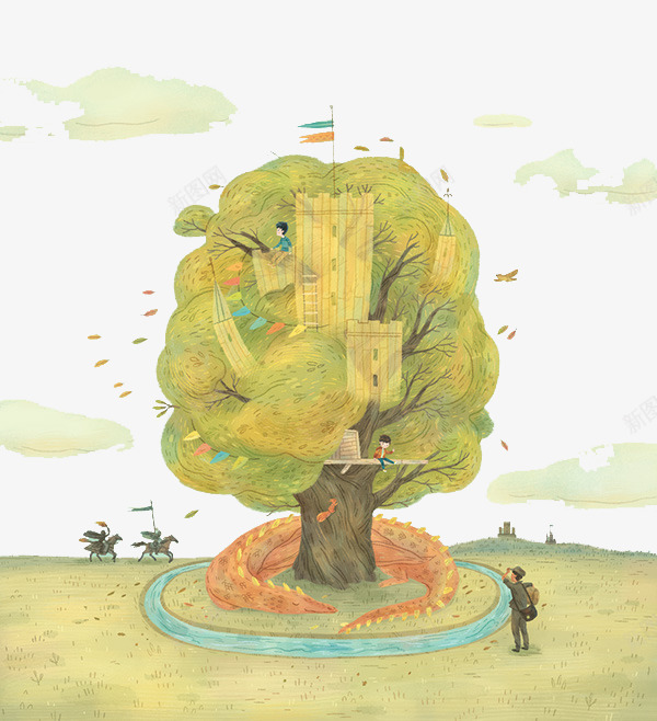 手绘秋日大树军队png免抠素材_新图网 https://ixintu.com 创意设计 可爱卡片 手绘插画