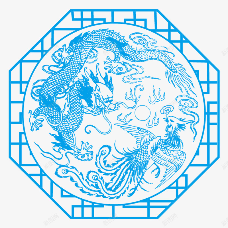 蓝色中式窗户龙凤雕花png免抠素材_新图网 https://ixintu.com 中国风 中式窗户 中式窗框 复古 木窗 窗子 花纹 边框 隔断