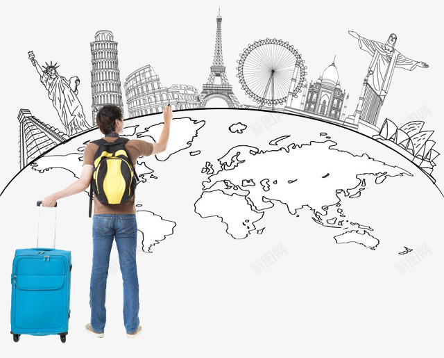 带着行李游世界png免抠素材_新图网 https://ixintu.com 休闲旅游 名胜古迹 巴黎铁塔 拖着行李的人 摩天轮 装饰