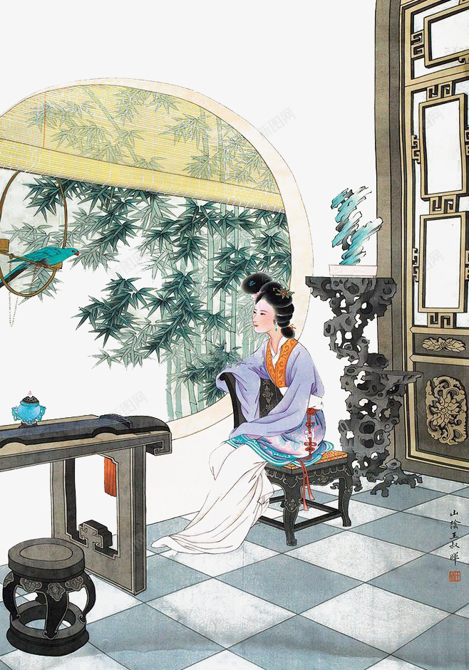 黛玉工笔画png免抠素材_新图网 https://ixintu.com 工笔 曹雪芹 林黛玉 窗外 红楼梦 红楼梦林黛玉