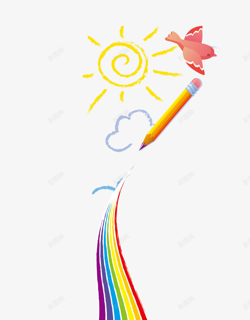 画笔下的彩虹psd免抠素材_新图网 https://ixintu.com 卡通 太阳 小鸟 彩虹