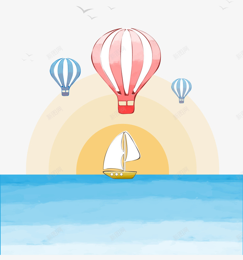 海上日出美景png免抠素材_新图网 https://ixintu.com 帆船 日出美景 海上日出 热气球 矢量素材