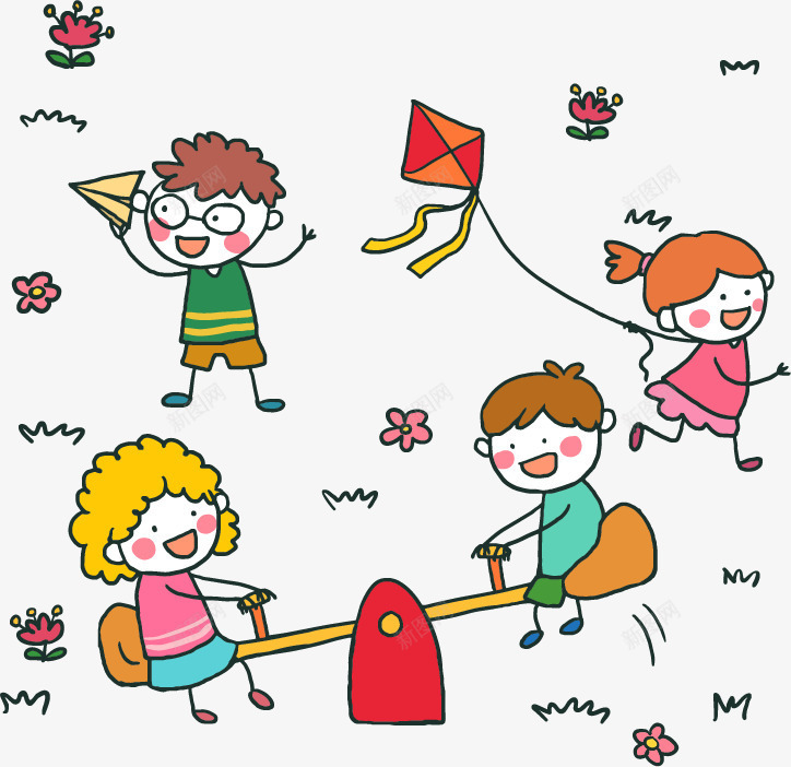 手绘风格小孩子png免抠素材_新图网 https://ixintu.com 公园 手拿飞机 放风筝 玩耍 矢量素材 纸飞机 跷跷板