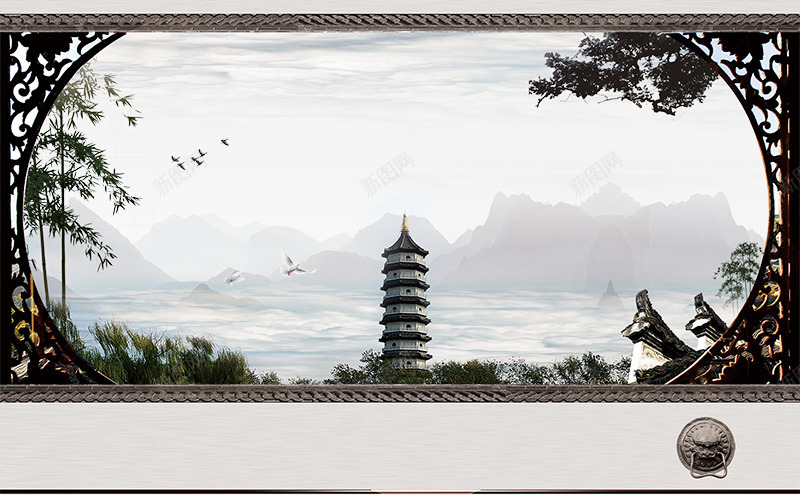 地产海报元素雷峰塔png免抠素材_新图网 https://ixintu.com 中国风 传统 古典镂空门框 商业元素 地产海报元素雷峰塔 大山 屋檐