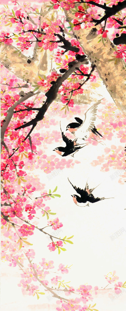 桃花春燕png免抠素材_新图网 https://ixintu.com 中国画 传统画 名家 国画 国画桃花 桃花春燕图 绘画 胡中元 花鸟