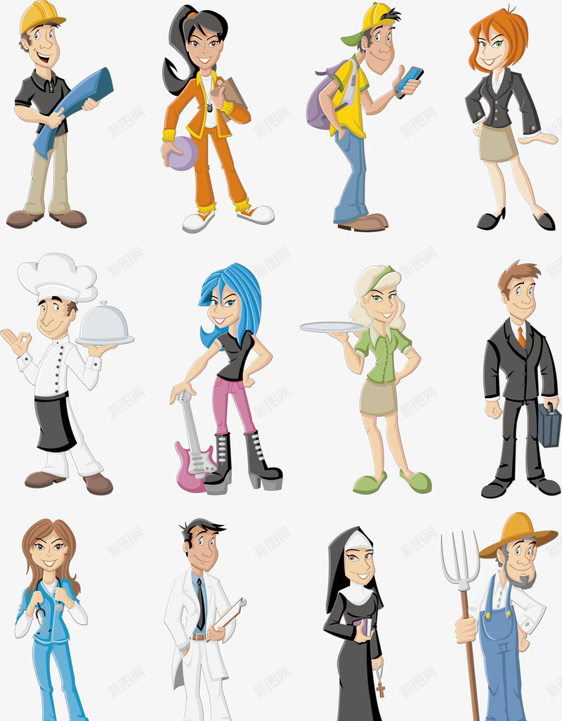 卡通职业人物矢量图ai免抠素材_新图网 https://ixintu.com AI格式 人物插画 农夫 劳动者 医生 卡通女人 卡通女孩 卡通男人 卡通男士 厨娘 厨师 吉他 商务女士 学生白领 建筑工人 矢量图 美女厨娘 西装女