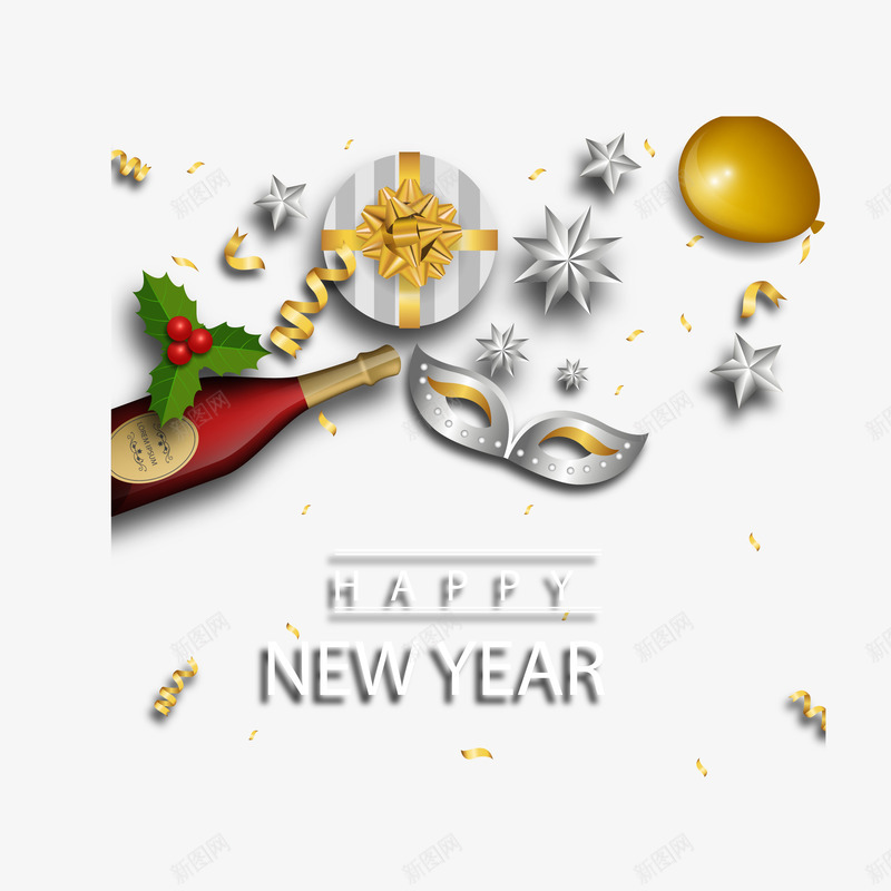 新年舞会节日元素png免抠素材_新图网 https://ixintu.com 假面 新年快乐 派对 礼物 红酒 舞会 节日 面具