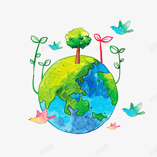 绿色的地球png免抠素材_新图网 https://ixintu.com 卡通 地球 大树 小鸟 环保 简笔 绿色的 装饰