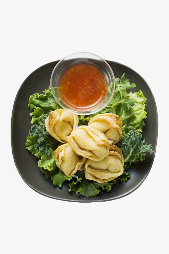 香炸云吞png免抠素材_新图网 https://ixintu.com 云吞 料理 油炸 生菜 美食 辣椒酱 面食 馄钝 馄饨