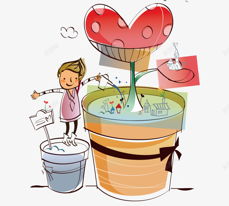 卡通手绘人物心形花卉盆载浇水png免抠素材_新图网 https://ixintu.com 人物浇水 卡通的人物 平面手绘 心形的花朵 手绘的盆栽