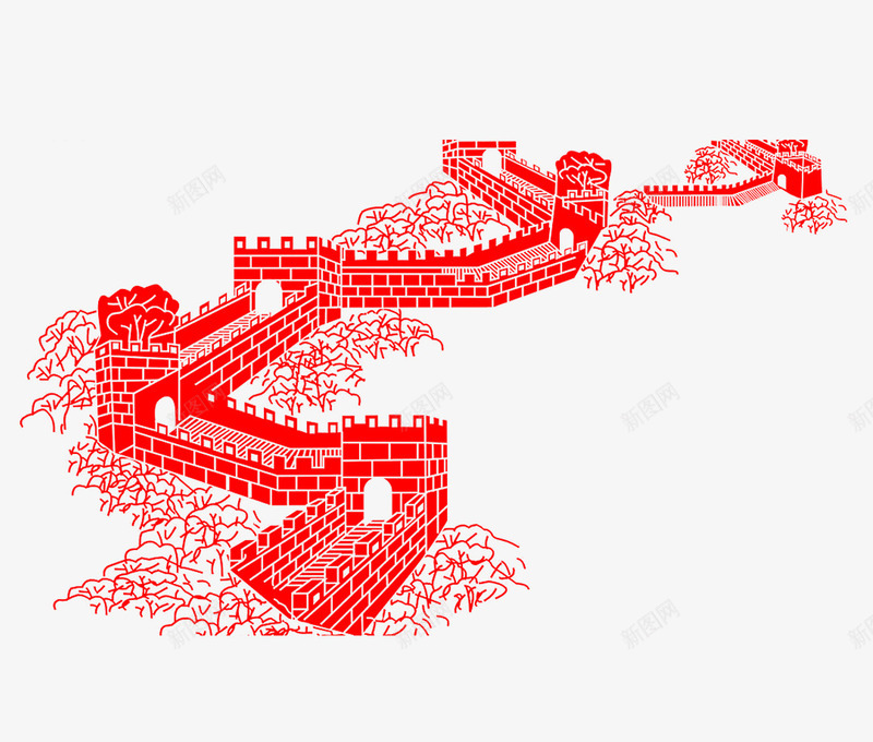 喜庆长城png免抠素材_新图网 https://ixintu.com 剪纸图 水墨长城 红色 长城 长城画