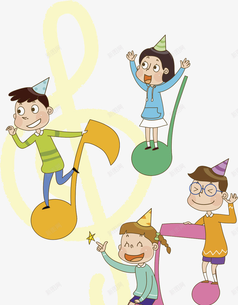 卡通场景png免抠素材_新图网 https://ixintu.com 卡通 场景 微笑 手绘 欢呼 玩耍 生日帽 眼镜男孩 音符