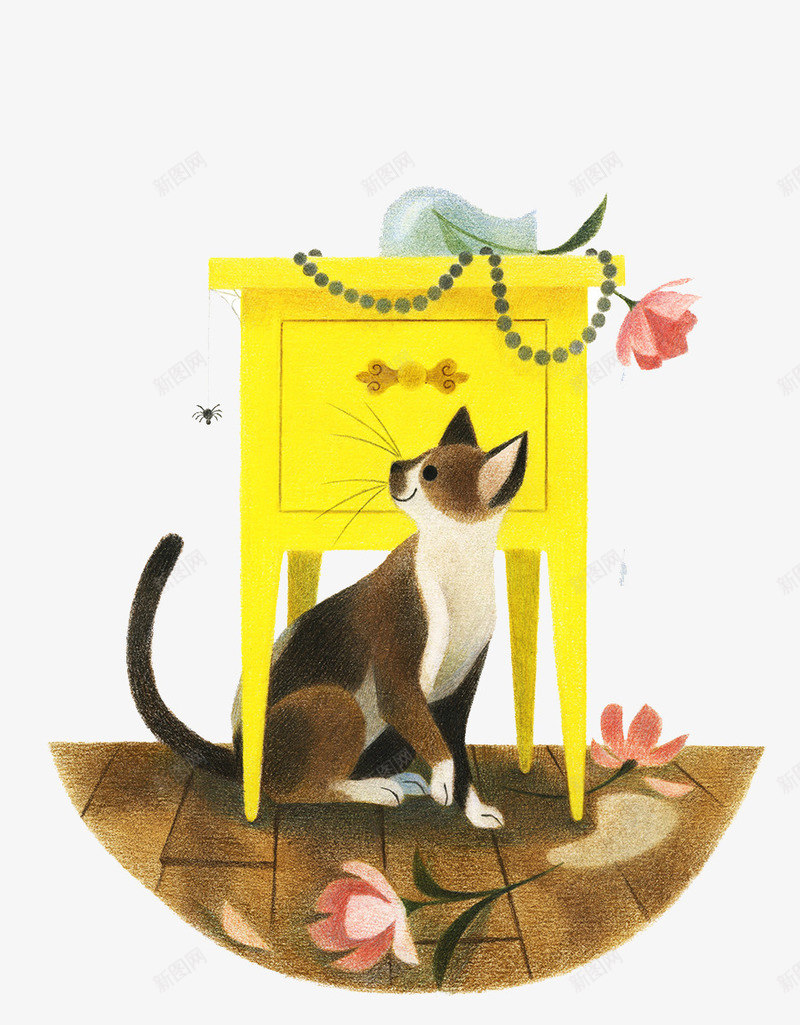 彩铅猫咪抓小虫子png免抠素材_新图网 https://ixintu.com 创意设计 可爱卡片 手绘插画
