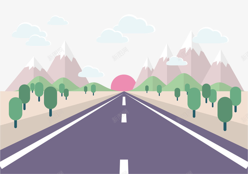 高速路上风景png免抠素材_新图网 https://ixintu.com 太阳 树林 雪山