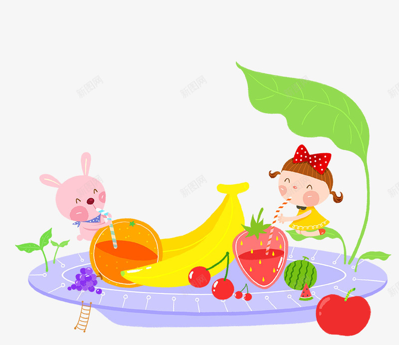 小孩喝果汁psd免抠素材_新图网 https://ixintu.com 手绘孩子 果汁 水果