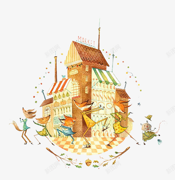 手绘狐狸家族跳舞png免抠素材_新图网 https://ixintu.com 创意设计 可爱卡片 手绘插画