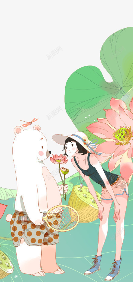 夏天女孩png免抠素材_新图网 https://ixintu.com 夏日 女孩 熊熊 粉色荷花 绿色荷叶 莲蓬