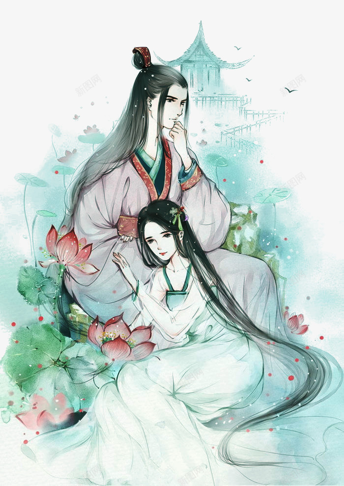 手绘古风情侣png免抠素材_新图网 https://ixintu.com 中国风 创意 古风 墨迹 奇幻 建筑 彩绘 情侣 插画 水彩