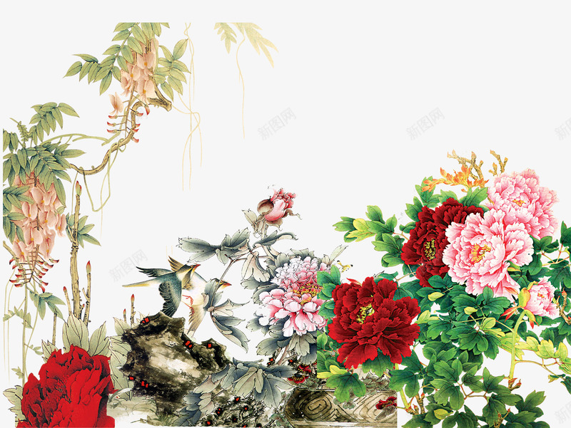 国画牡丹png免抠素材_新图网 https://ixintu.com 国画牡丹 树枝 花丛 鸟