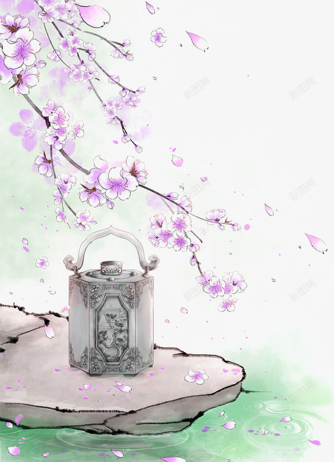 绿色清新桃花茶壶边框纹理png免抠素材_新图网 https://ixintu.com 中国风 免扣PNG 桃花 清新 绿色 茶壶 边框纹理